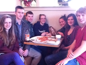 Katie Leavitt, Luke Jacobs, Jared Stewart, Ainsley Wilding, Shelby Gault, Elena Santos and Austin Cawley-Edwards gathered at Pizza Chef to talk about their hope the School Board will re-consider teacher cuts.